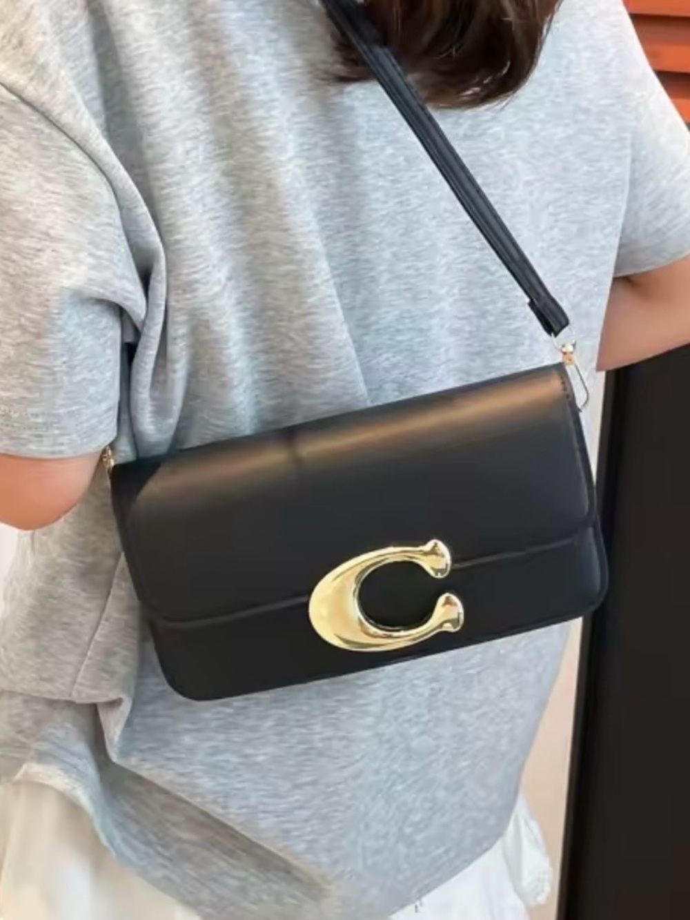New designer inspired Black Leather C Shoulder Bag with Gold Hardware